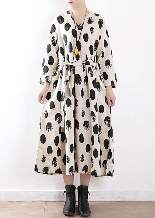 Tie Waist Linen Clothes for Work Beige Dotted Dress V Neck