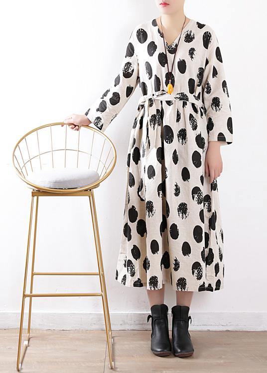 Tie Waist Linen Clothes for Work Beige Dotted Dress V Neck
