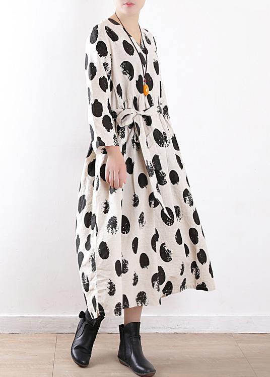 Tie Waist Linen Clothes for Work Beige Dotted Dress V Neck