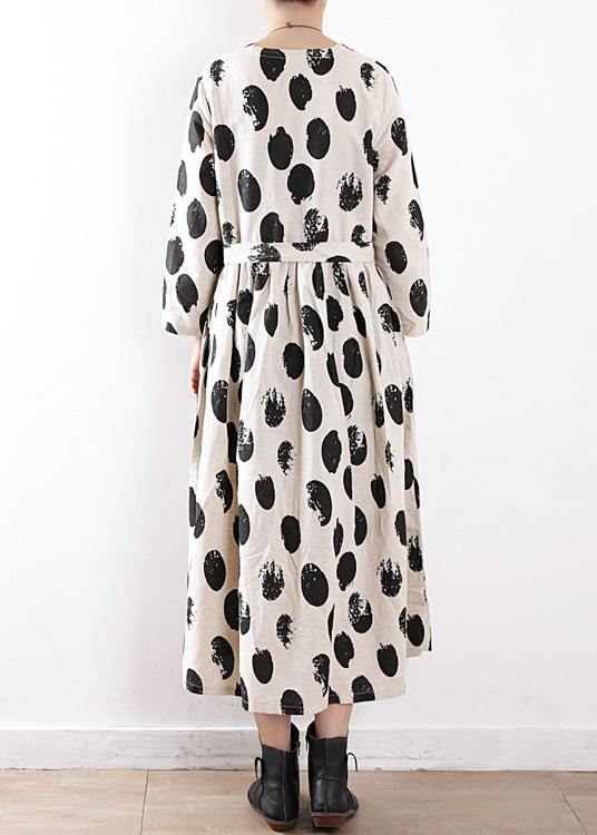 Tie Waist Linen Clothes for Work Beige Dotted Dress V Neck