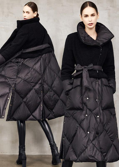 Down Jacket Patchwork Winter Outwear Blue Tie Waist Warm Winter Coat