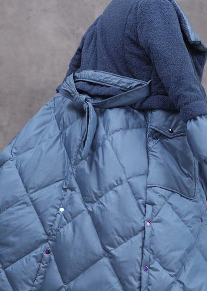 Down Jacket Patchwork Winter Outwear Blue Tie Waist Warm Winter Coat