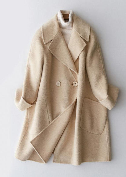 Mid-length Coats Double Breast Jackets Beige Big Pockets Woolen Coats