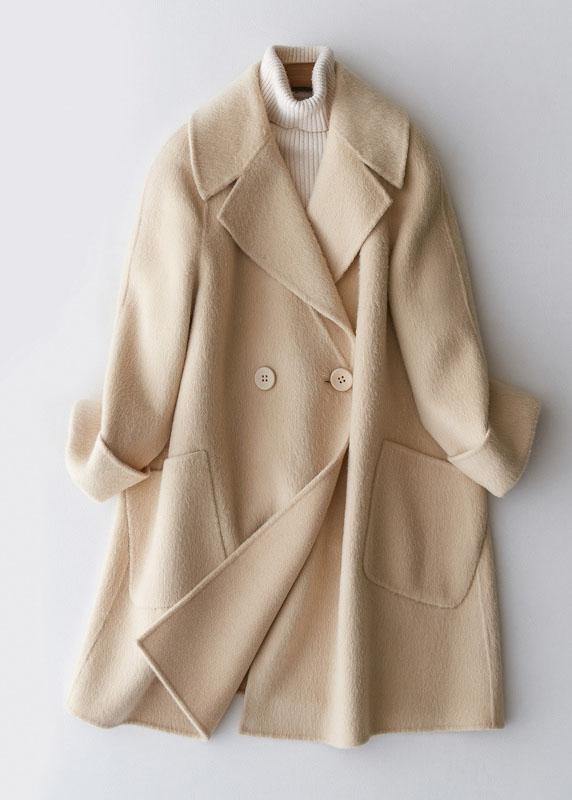 Mid-length Coats Double Breast Jackets Beige Big Pockets Woolen Coats
