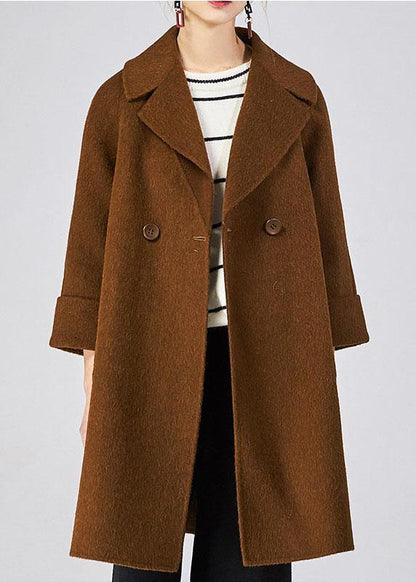 Mid-length Coats Double Breast Jackets Beige Big Pockets Woolen Coats