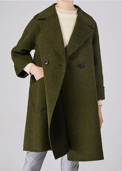 Mid-length Coats Double Breast Jackets Beige Big Pockets Woolen Coats