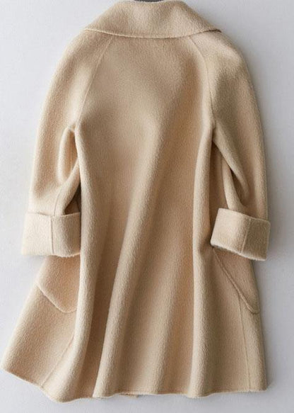 Mid-length Coats Double Breast Jackets Beige Big Pockets Woolen Coats