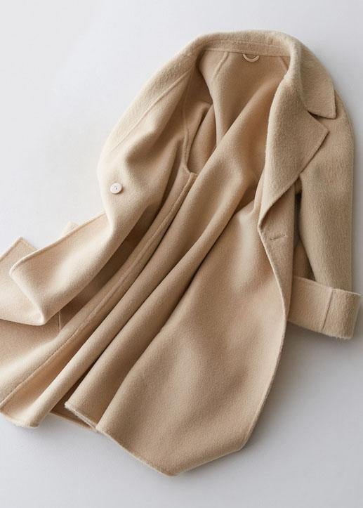Mid-length Coats Double Breast Jackets Beige Big Pockets Woolen Coats