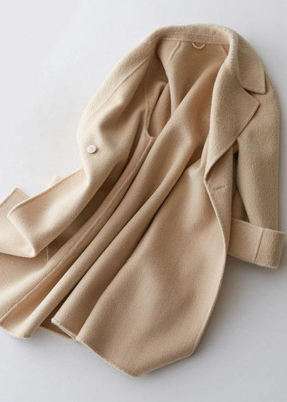 Mid-length Coats Double Breast Jackets Beige Big Pockets Woolen Coats