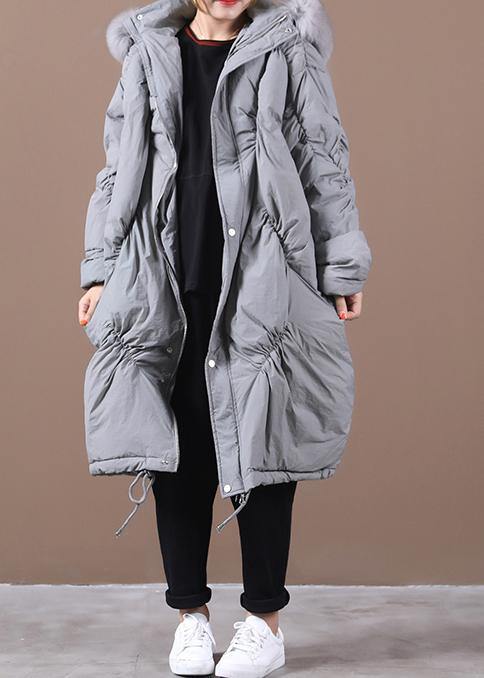 Snow Jackets Winter Gray Hooded Cinched Goose Down Coat