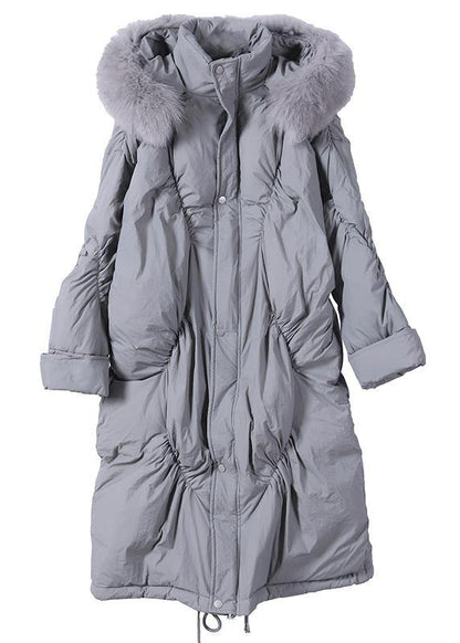 Snow Jackets Winter Gray Hooded Cinched Goose Down Coat