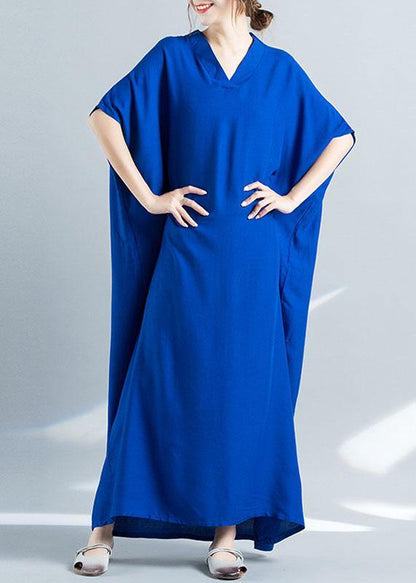 V Neck Baggy Cotton Summer Clothes Pattern Blue Loose Dress