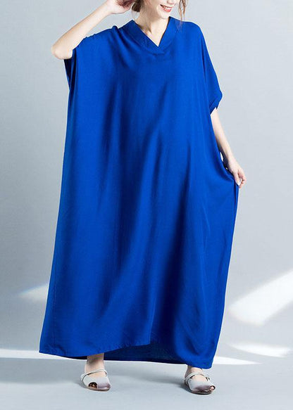 V Neck Baggy Cotton Summer Clothes Pattern Blue Loose Dress