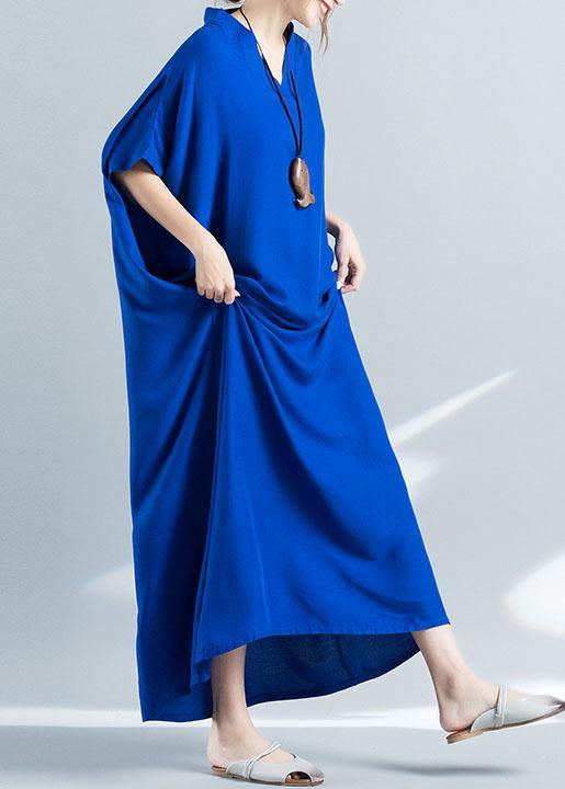 V Neck Baggy Cotton Summer Clothes Pattern Blue Loose Dress