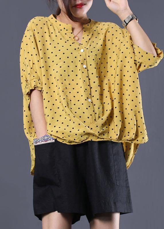 V Neck Cotton Clothes for Shape Yellow Asymmetric Dotted Shirt Summer