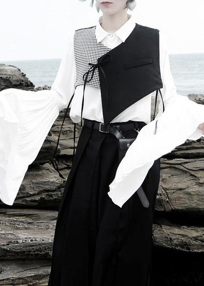 V Neck Cotton Sleeveless Blouses for Christmas Gifts Black Patchwork Plaid Tops