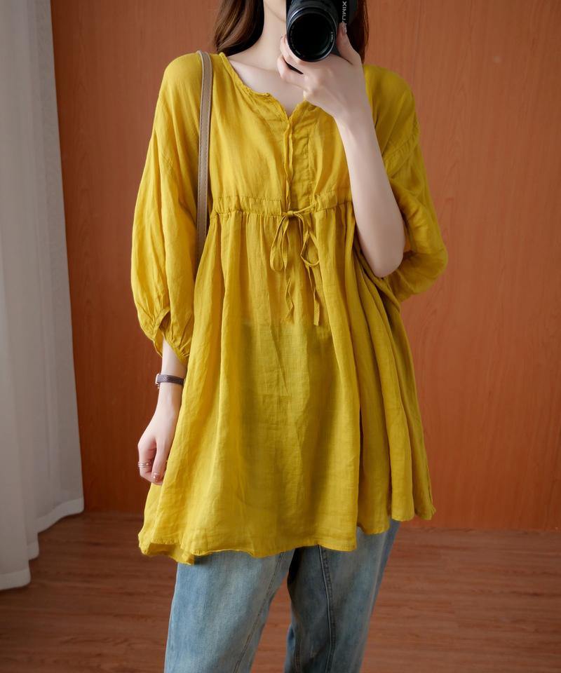V Neck Drawstring Blouses for Sewing Yellow Top