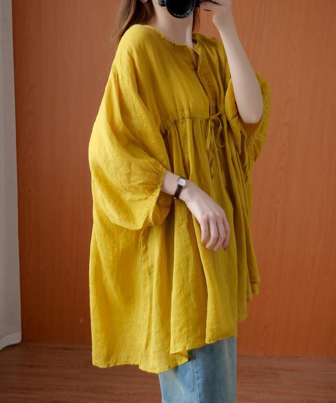 V Neck Drawstring Blouses for Sewing Yellow Top
