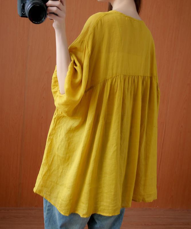 V Neck Drawstring Blouses for Sewing Yellow Top