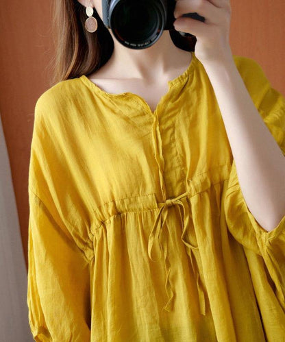 V Neck Drawstring Blouses for Sewing Yellow Top