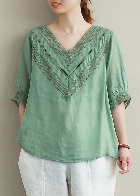 V Neck Half Sleeve Linen Tunic Top Photography Green Hollow Out Tops