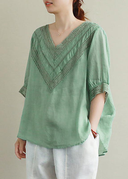 V Neck Half Sleeve Linen Tunic Top Photography Green Hollow Out Tops