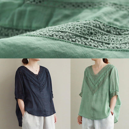 V Neck Half Sleeve Linen Tunic Top Photography Green Hollow Out Tops