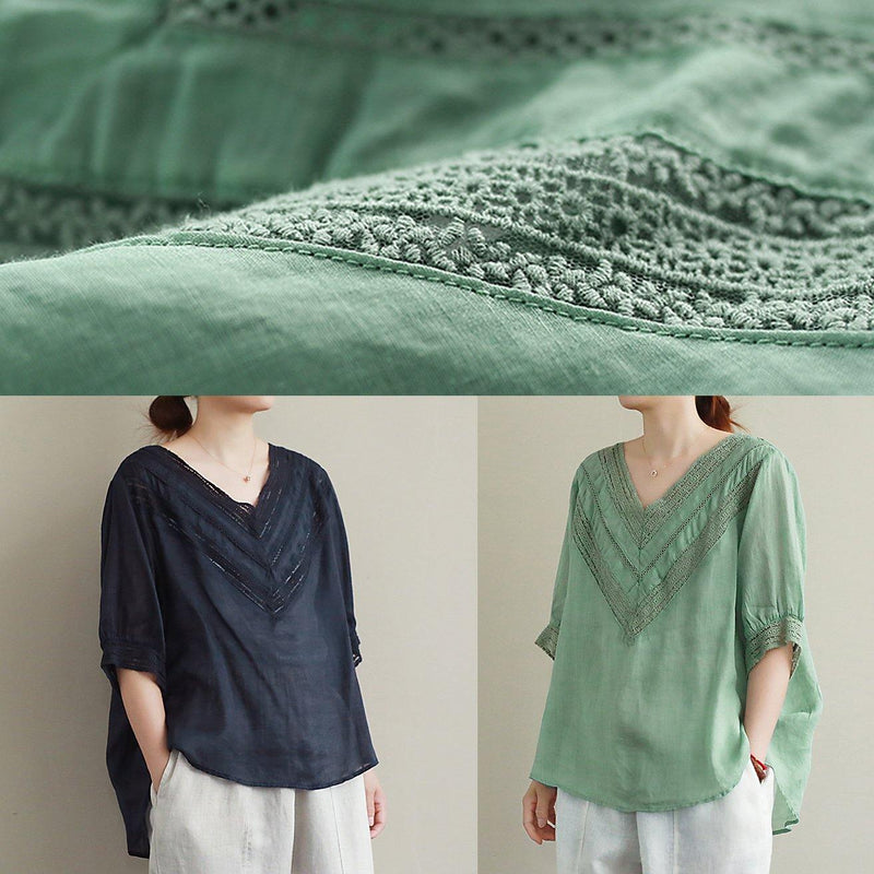 V Neck Half Sleeve Linen Tunic Top Photography Green Hollow Out Tops