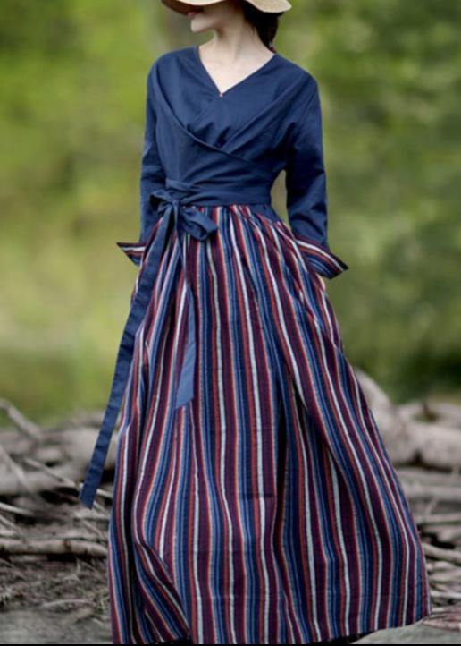 V Neck Patchwork Striped Spring Quilting Dresses Catwalk Navy Dress