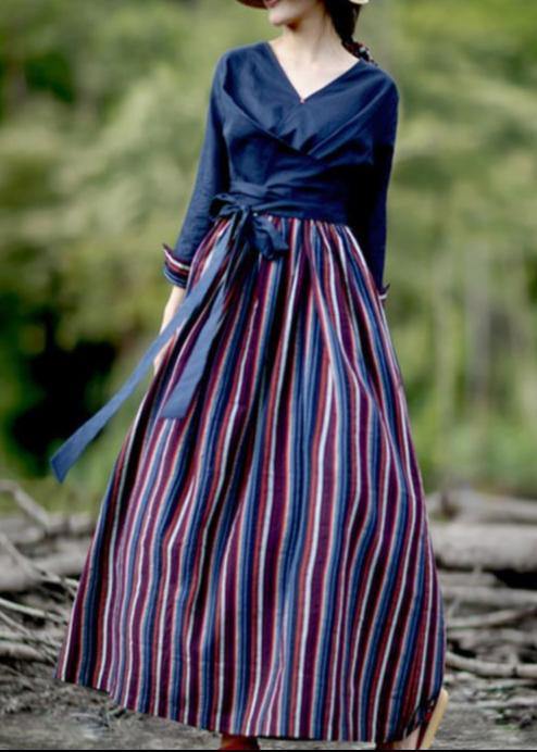 V Neck Patchwork Striped Spring Quilting Dresses Catwalk Navy Dress