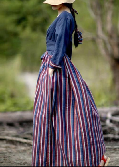 V Neck Patchwork Striped Spring Quilting Dresses Catwalk Navy Dress
