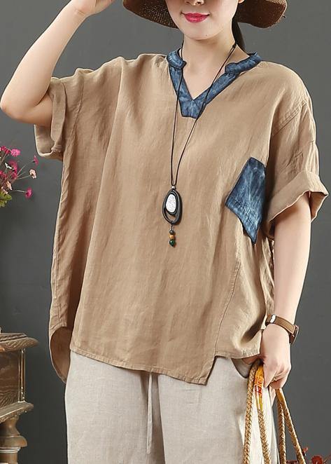 V Neck Pockets Linen Shirts Cotton Khaki Blouses