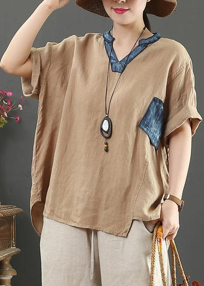 V Neck Pockets Linen Shirts Cotton Khaki Blouses