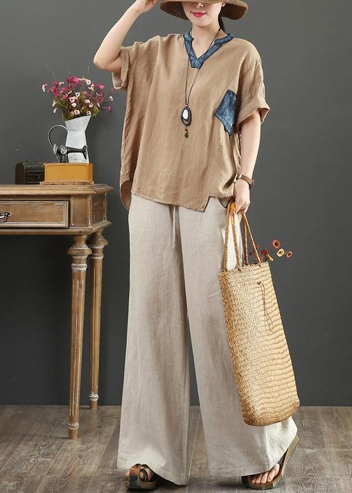 V Neck Pockets Linen Shirts Cotton Khaki Blouses