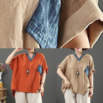 V Neck Pockets Linen Shirts Cotton Khaki Blouses