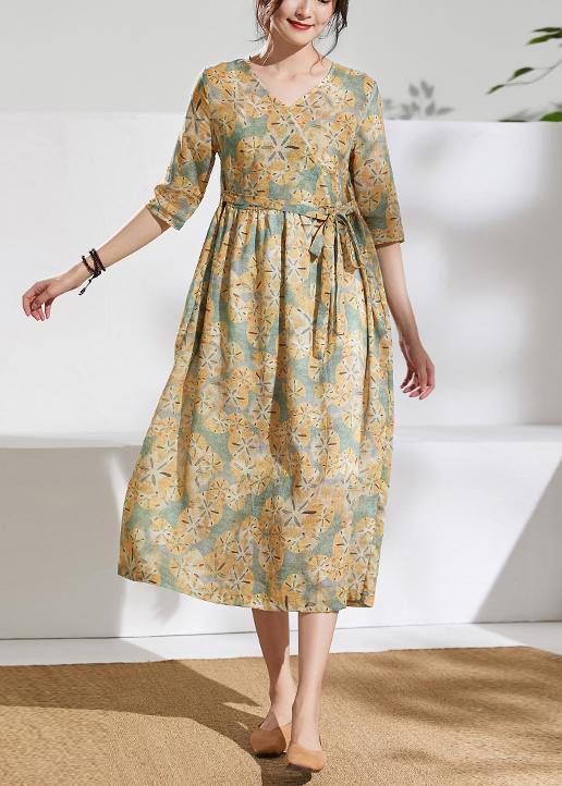 V Neck Tie Waist Linen Summerclothes Fabrics Green Print Dress