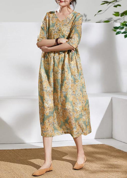 V Neck Tie Waist Linen Summerclothes Fabrics Green Print Dress