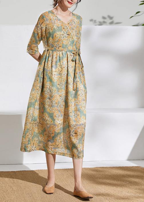 V Neck Tie Waist Linen Summerclothes Fabrics Green Print Dress