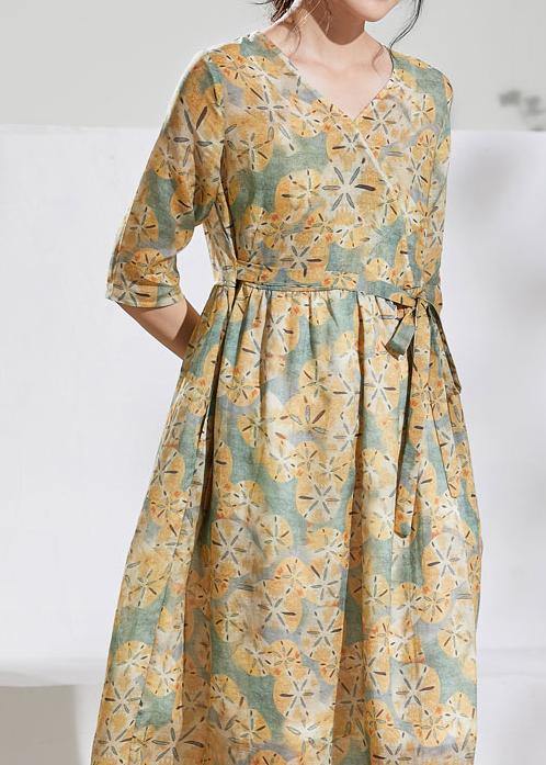 V Neck Tie Waist Linen Summerclothes Fabrics Green Print Dress