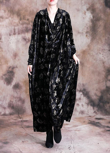 V Neck Velour Tunic Work Outfits Black Prints Long Dresses Fall