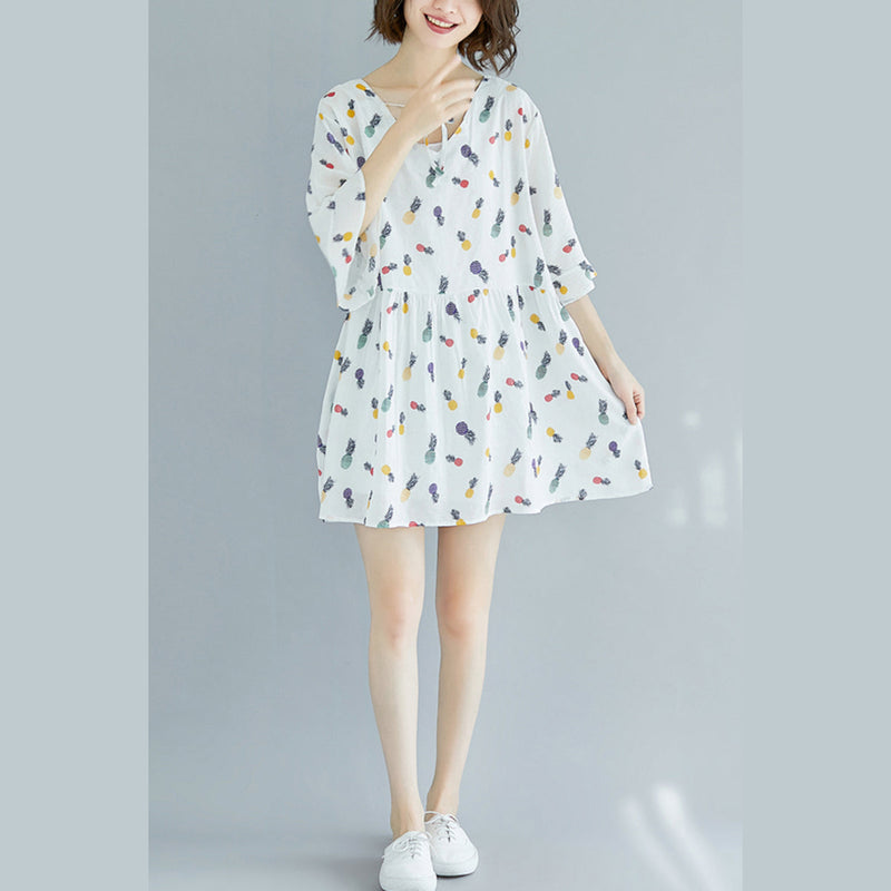 White Midi Cotton Dresses Dress Fine Half Sleeve V Neck Knee Dresses