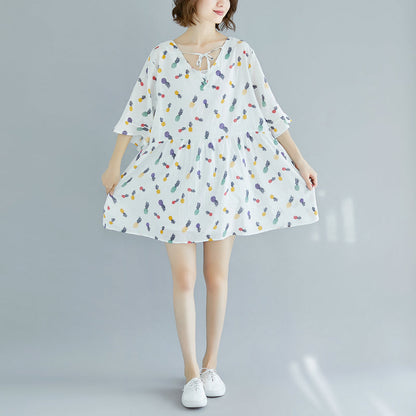 White Midi Cotton Dresses Dress Fine Half Sleeve V Neck Knee Dresses