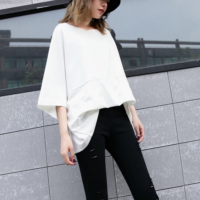 White Midi Cotton Pullover Loose Fitting Cotton T Shirt Batwing Sleeve Loose Waist Cotton Clothing