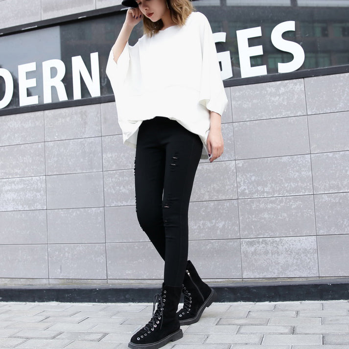 White Midi Cotton Pullover Loose Fitting Cotton T Shirt Batwing Sleeve Loose Waist Cotton Clothing