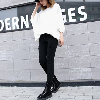 White Midi Cotton Pullover Loose Fitting Cotton T Shirt Batwing Sleeve Loose Waist Cotton Clothing