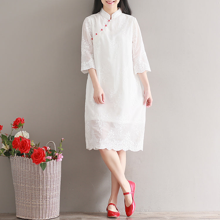 White Chiffon Dress Stand Half Sleeve Party Dress Patchwork Embroidery Beach Dress