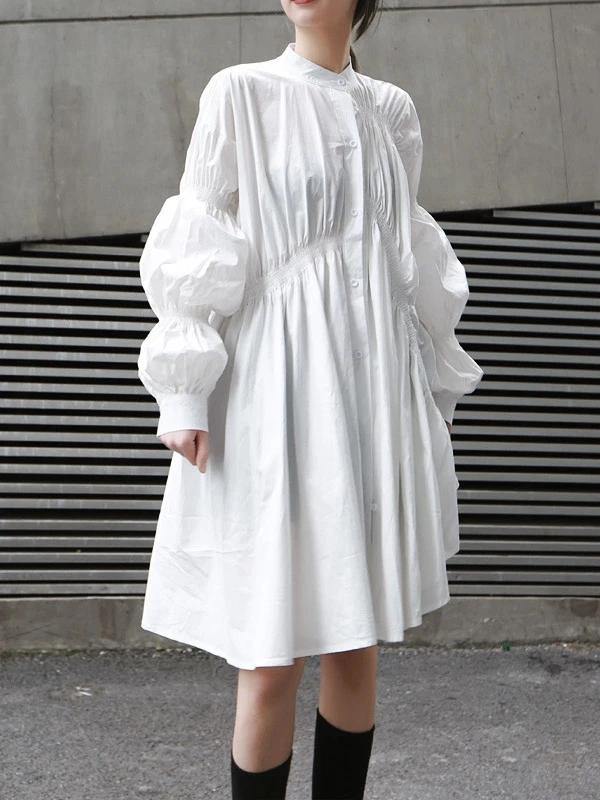White Cotton Clothes for Stand Collar Cinched Dresses Tops