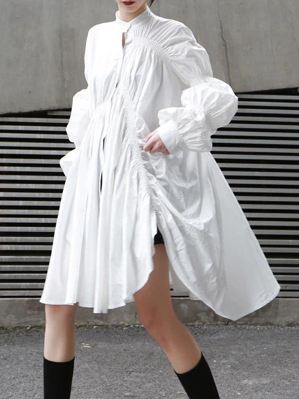 White Cotton Clothes for Stand Collar Cinched Dresses Tops