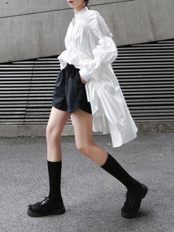 White Cotton Clothes for Stand Collar Cinched Dresses Tops