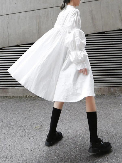 White Cotton Clothes for Stand Collar Cinched Dresses Tops